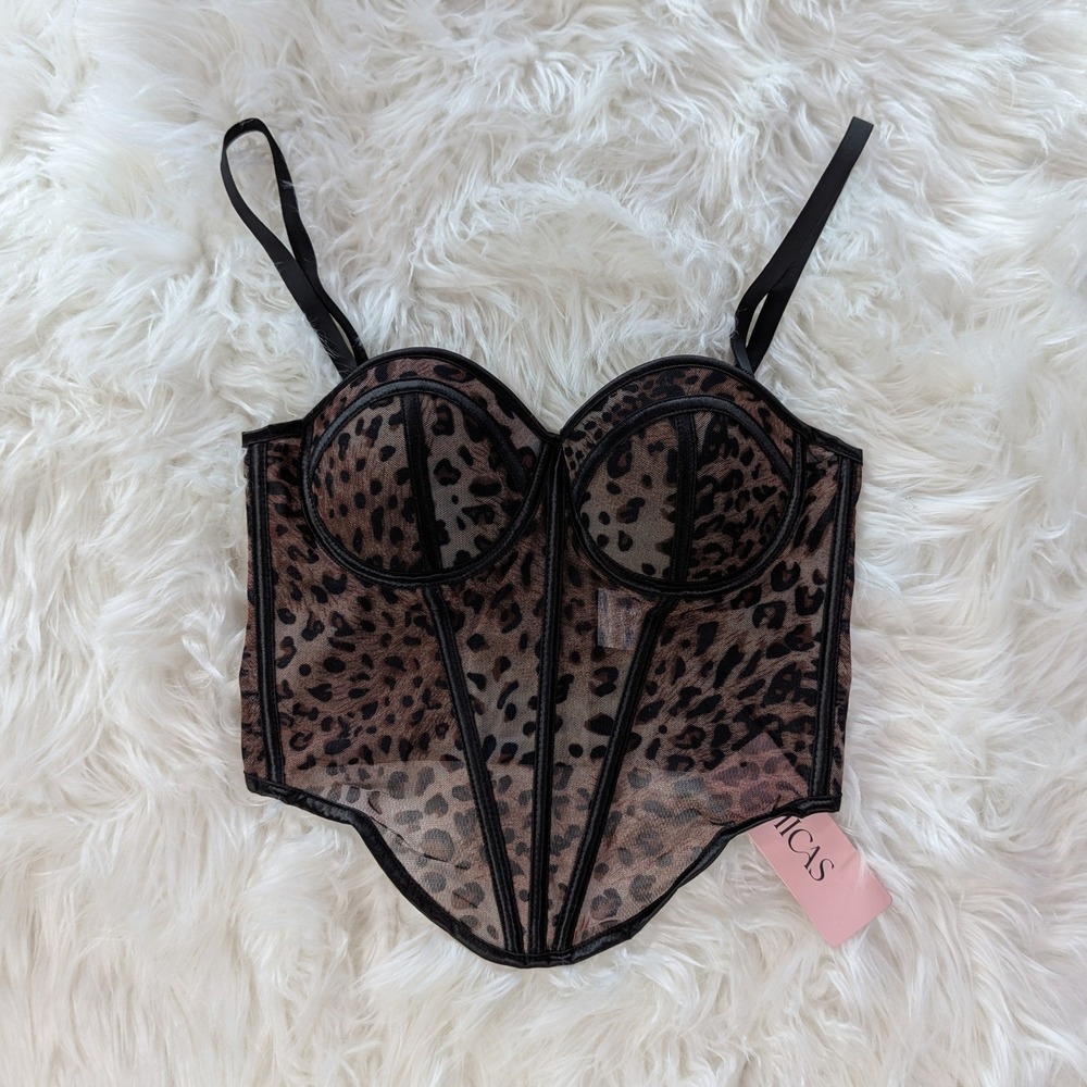 New MICAS Leopard Print Mesh Corset Top Brown Black MCWTT2410140006 Size S‎